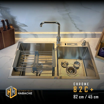 evier cuisine SWISS 82C+ chrome en INOX 304 (82/45cm) + robinet 360