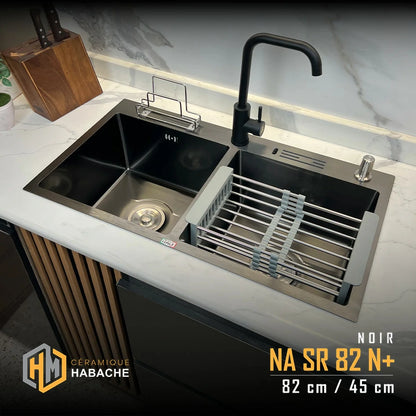 evier cuisine SWISS_INOX NASR82N+ noir en INOX 304 (82/45cm) + robinet 360