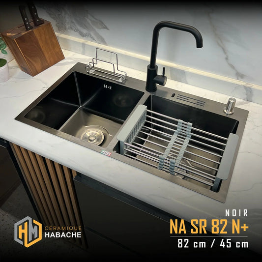 evier cuisine SWISS_INOX NASR82N+ noir en INOX 304 (82/45cm) + robinet 360