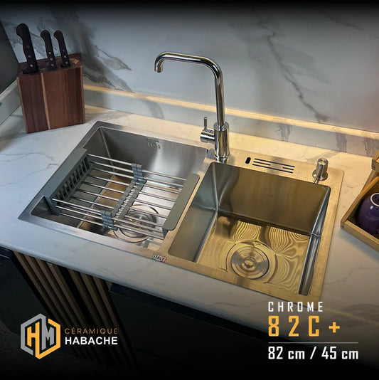 evier cuisine SWISS 82C+ chrome en INOX 304 (82/45cm) + robinet 360