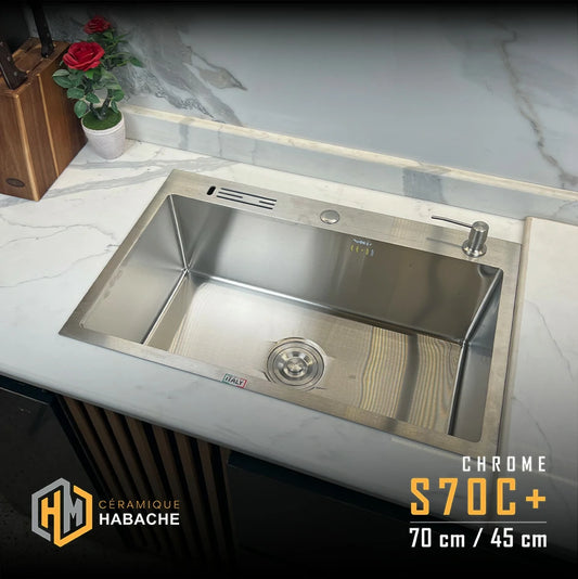 evier cuisine SWISS S70C+ chrome en INOX 304 (70/45cm) + robinet 360