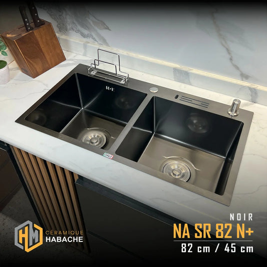 evier cuisine SWISS_INOX NASR82N+ noir en INOX 304 (82/45cm) + robinet 360