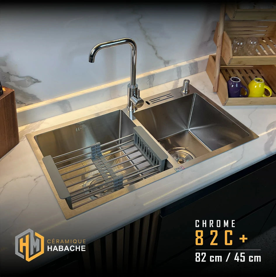 evier cuisine SWISS 82C+ chrome en INOX 304 (82/45cm) + robinet 360