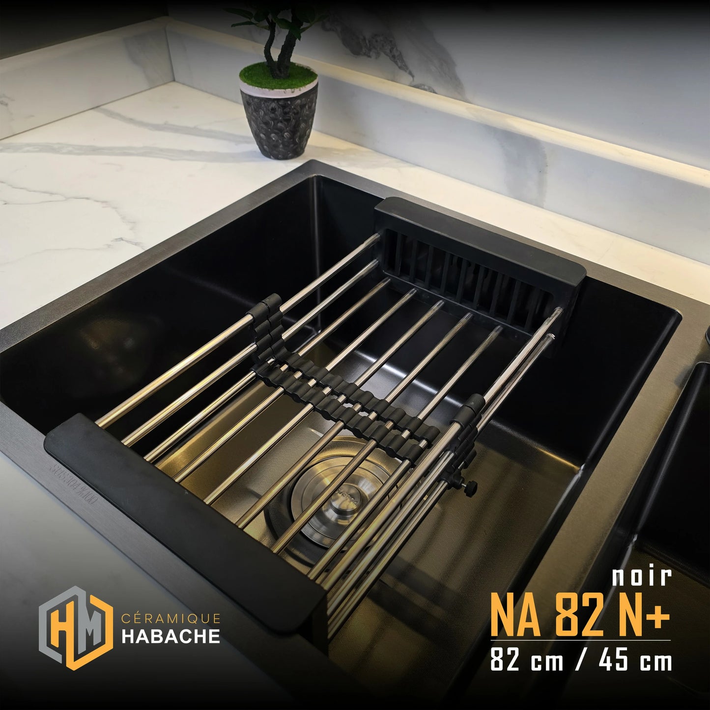 evier cuisine SWISS NA82N+ noir en INOX 304 (82/45cm) + robinet 360