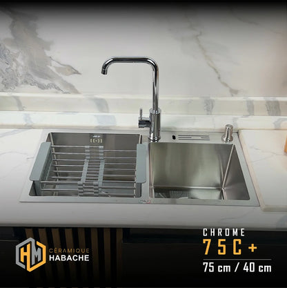evier cuisine SWISS_INOX 75C+ chrome en INOX 304 (75/40cm) + robinet 360