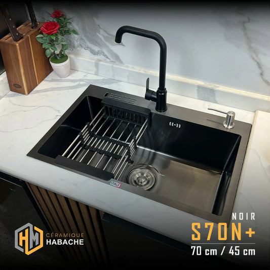 evier cuisine SWISS S70N+ NOIR en INOX 304 (70/45cm) + robinet 360