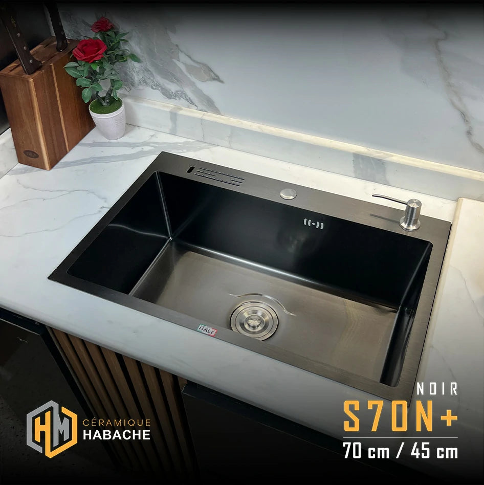 evier cuisine SWISS S70N+ NOIR en INOX 304 (70/45cm) + robinet 360