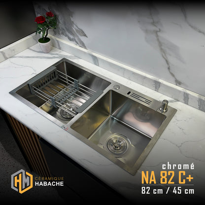 evier cuisine SWISS NA82N+ noir en INOX 304 (82/45cm) + robinet 360